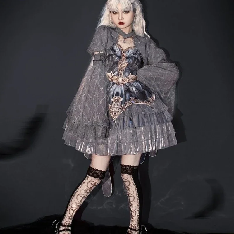

Gothic Style Harajuku Y2k Grey Layered Cake Dresses Girls Kawaii Cute Dress Japanese Victorian Vintage Lolita Halter Dress Women