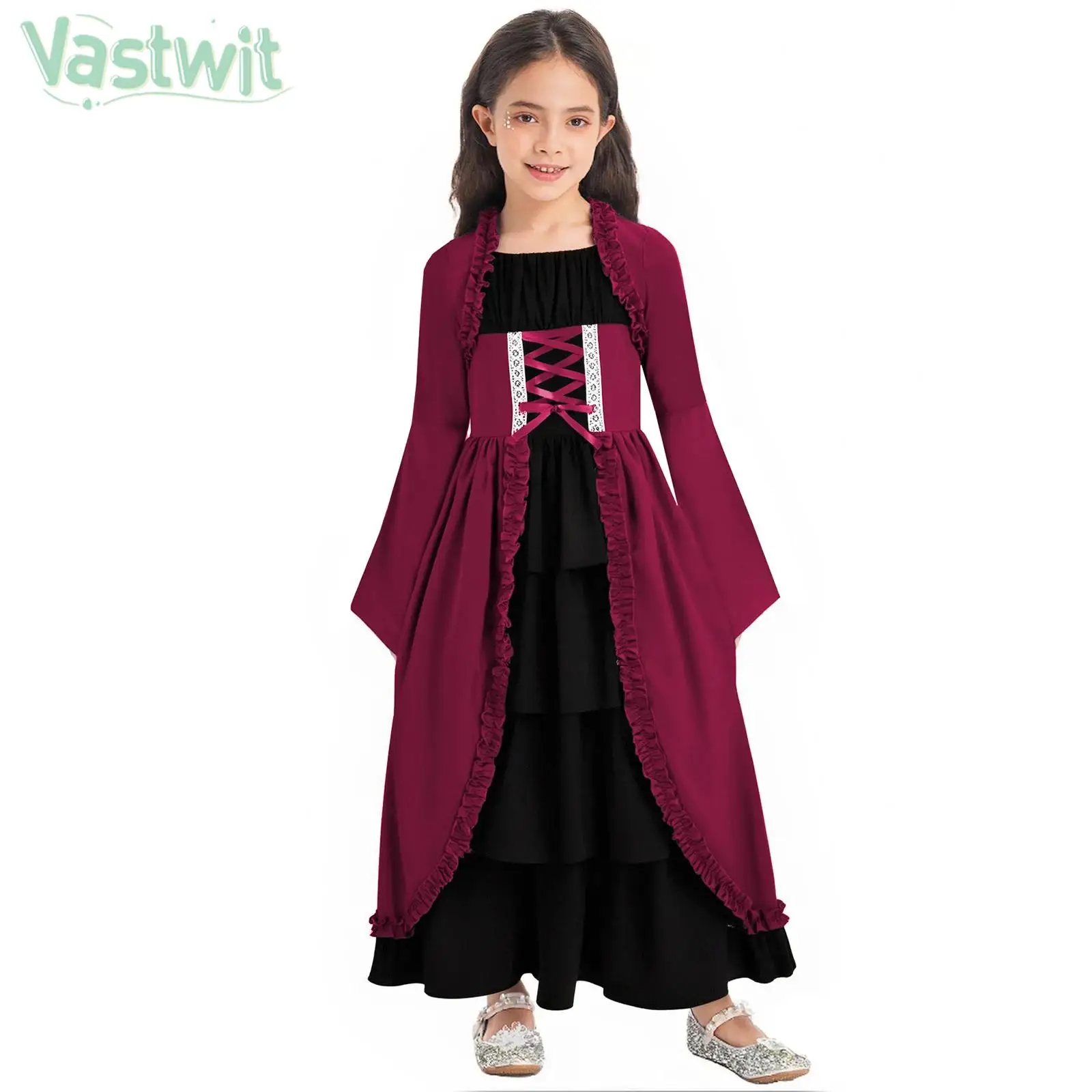 Kids Girls Medieval Renaissance Peasant Dress Long Sleeve Layered Ruffle Vintage Maxi Gown for Halloween Carnival Cosplay Party