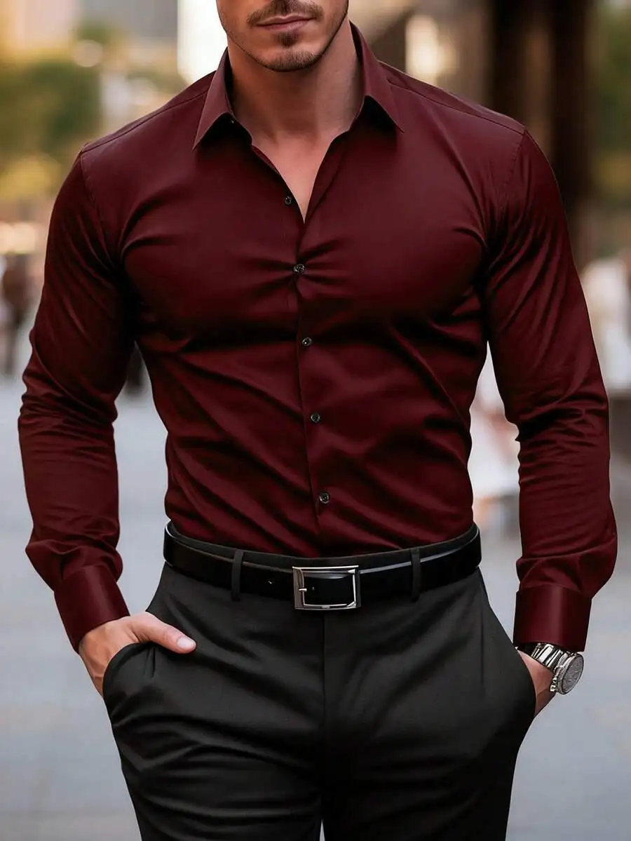

Men's Slim Fit Solid Color Button-Down Long Sleeve Shirt for Office & Casual Wear