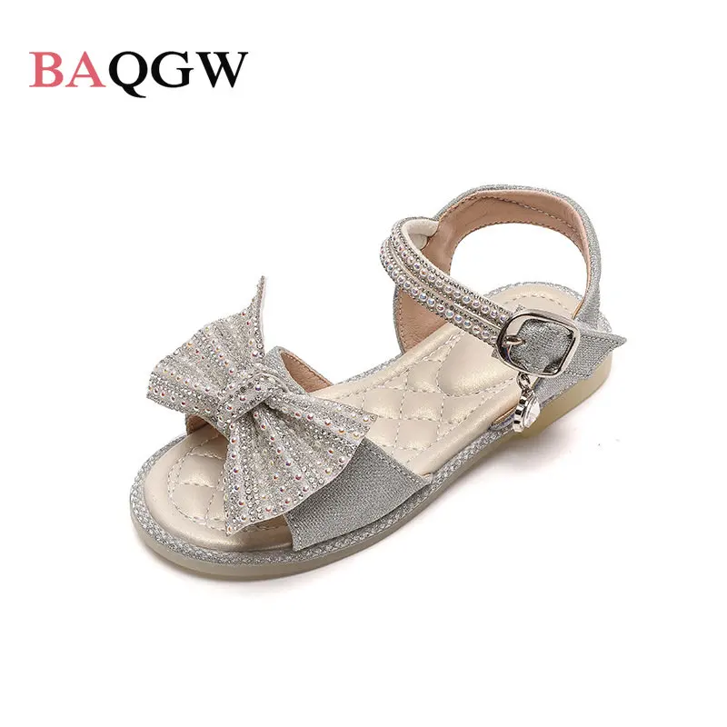 

Summer Bling Bowknot Fashion Princess Sandals Kids Girls Open Toe Soft Bottom Anti-slippery Children's Crystal Shoes Flat Shoes