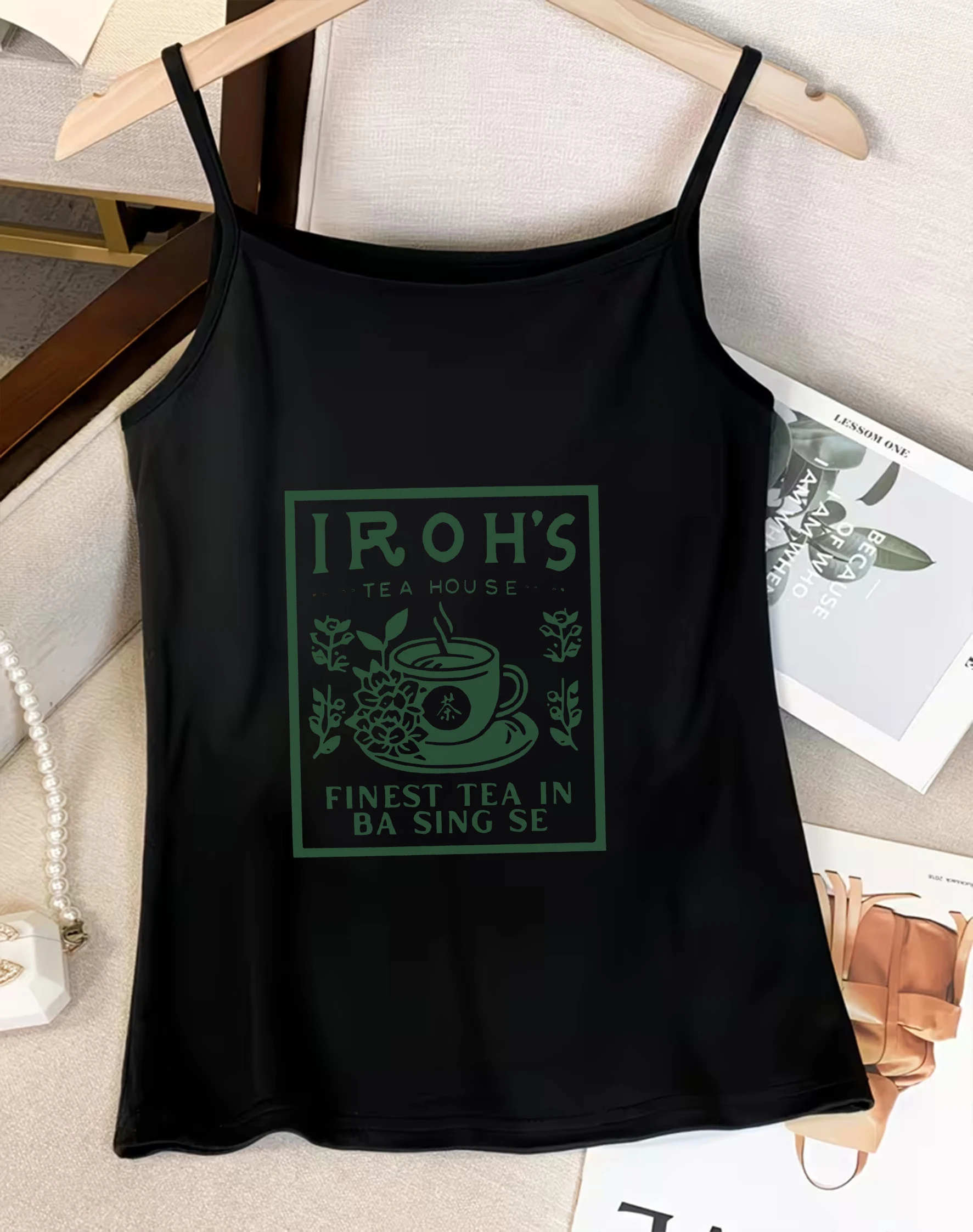 Cute Green Tea House Cup Pattern Cami Top Vintage Lettering Sign Art Graphic Print Camisole Casual Summer Tank Top Shirt Women