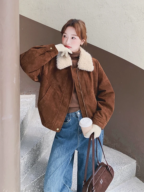 

Caramel Lamb Fur Collar down Jaet Women's ort Thiened White Du down Workwear Sle Casual Loose Fit Winter Coat