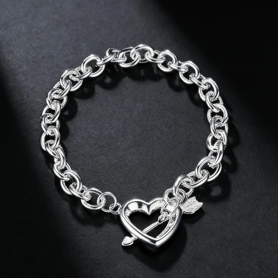 Best friend Holiday gift 925 Sterling Silver  arrow heart chain Bracelets for women man Wedding party fashion Jewelry of love