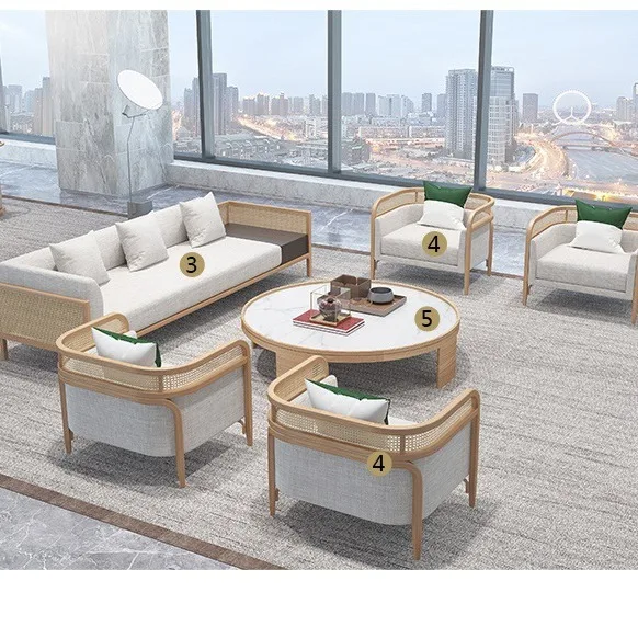 Sales office Simple solid wood rattan card seat Furniture hotel B & B reception area Negotiate sofa coffee table combination
