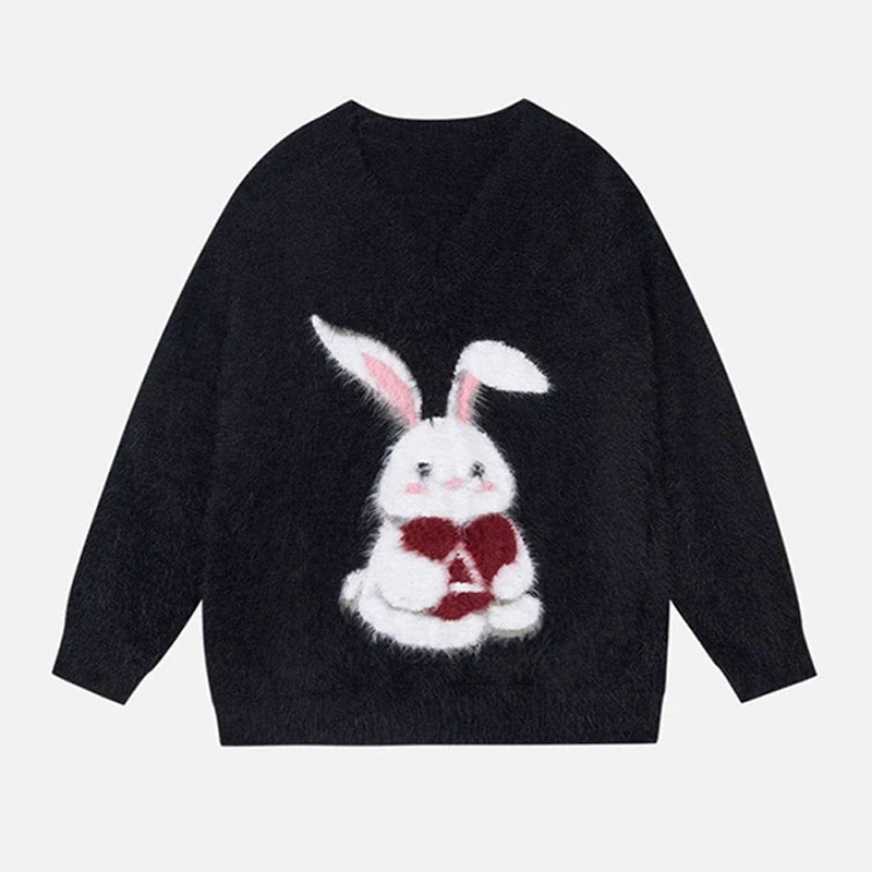 

European and American Cross border 2024 Autumn New Black American Retro V-neck Cute Rabbit Sweater Women's Knitted Top