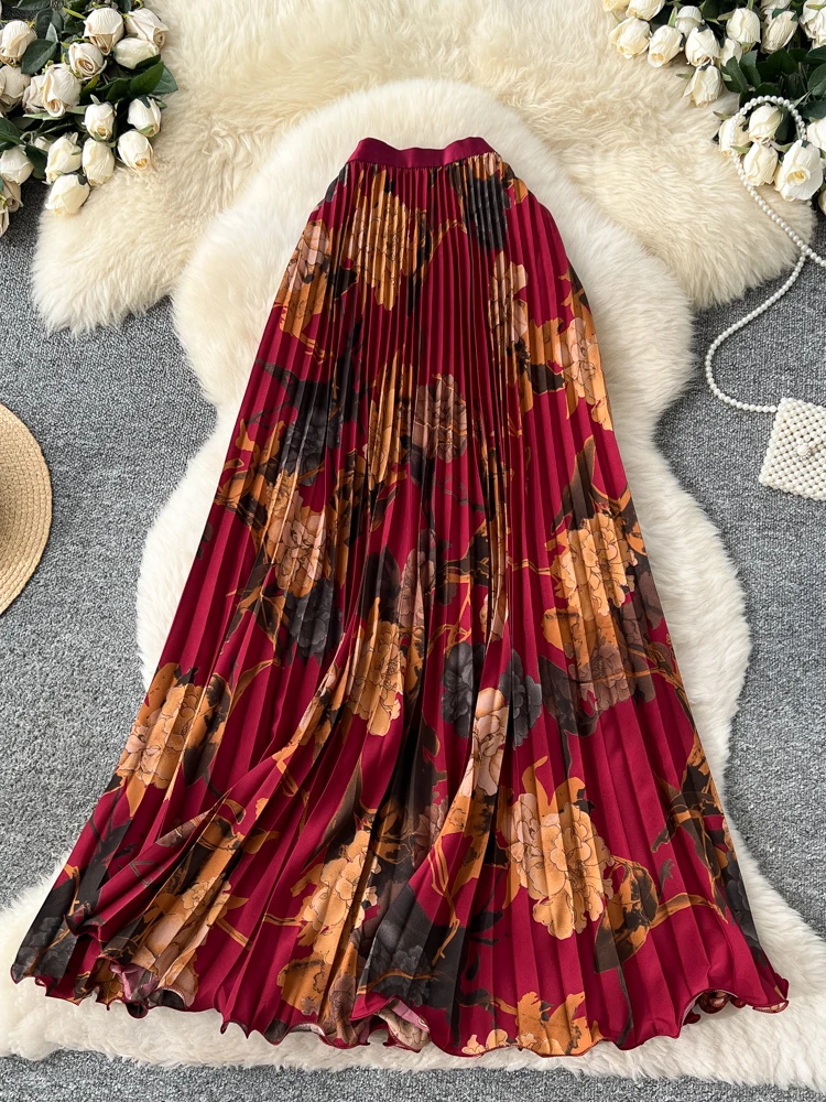 

Women Pleated Skirt Floral Print A-line OL Office Lady Retro Euro Style Elastic Waist Female Autumn Spring Faldas SK080