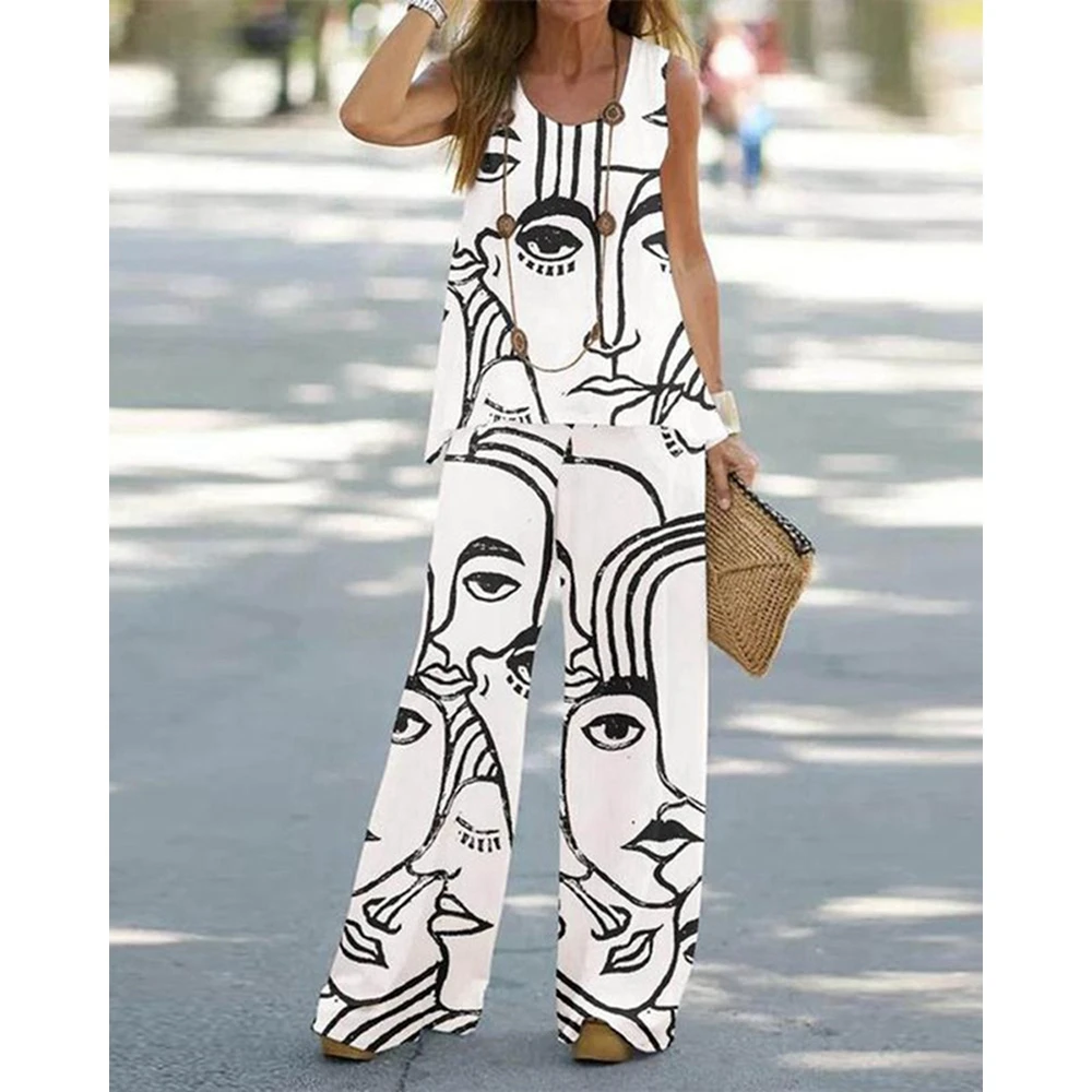 Women\'s Tropical Print Round Neck Sleeveless Tank Top and Wide Leg Pants Set Causal Streetwear Summer Suit Y2K Clothes