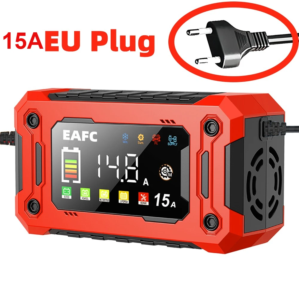 12V15A/8A Smart Car Battery Charger Large LCD Display Works with Lithium AGM Lead-Acid GEL Batteries for Cars Motorcycles & SUVs