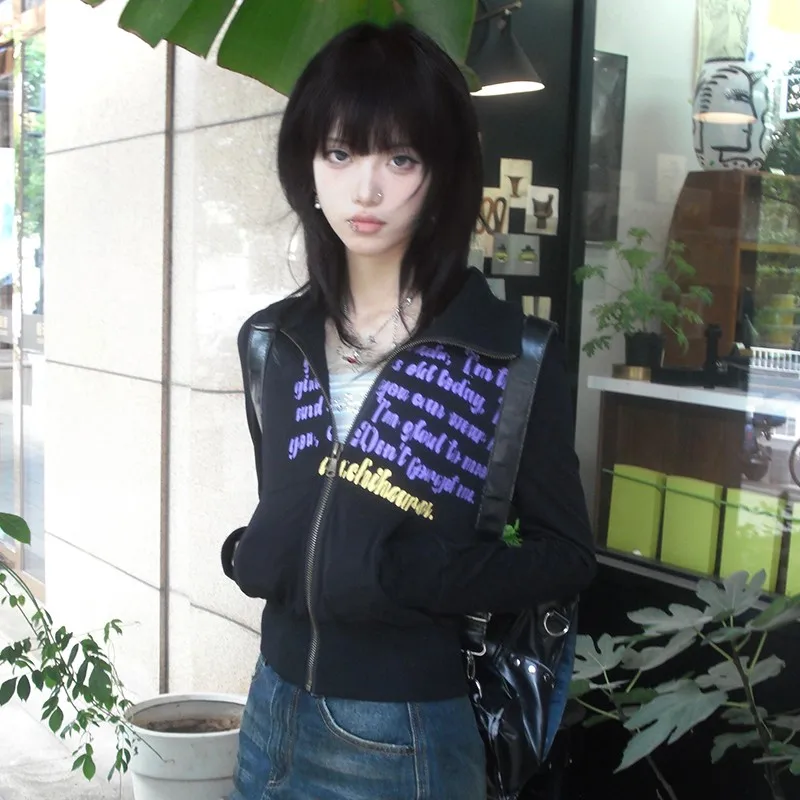 Karrram Japanse Y 2K Cropped Jasje Vintage Harajuku Korte Jas Amerikaanse Retro Brief Print Rits Sweatshirt Grunge Bovenkleding