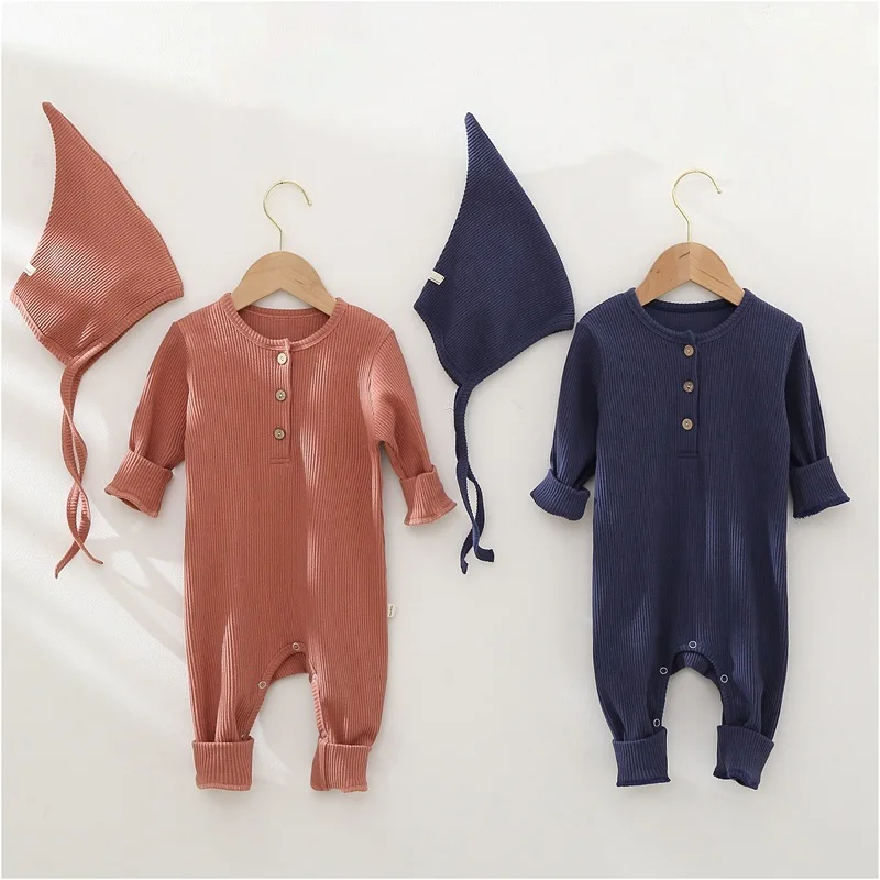 

0-24M Baby Romper Cotton Pit Strip Baby Boy Girl Clothes Autumn Spring Bodysuit Solid Newborn Clothing With Hat