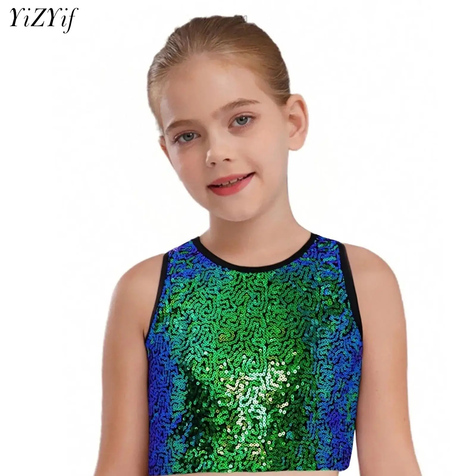 

Kids Girls Hip-Hop Jazz Dance Crop Top Metallic Vest Tank Top Sparkling Sleeveless Camisole for Stage Performance Disco Clothes