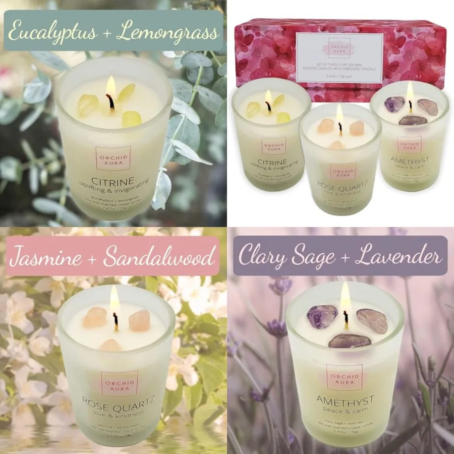 

Соевые свечи с целебными кристаллами. Кристаллы цитрина, розового кварца и аметиста. Эвкалипт + Лемонграсс + Жасмин + Сандаловое дерево + Клари Саг