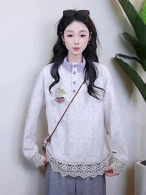 

Корейский свитшот с вставками для женщин: молодежный, нежный дизайн, зимний модный топ, приталенный крой, длинный рукав