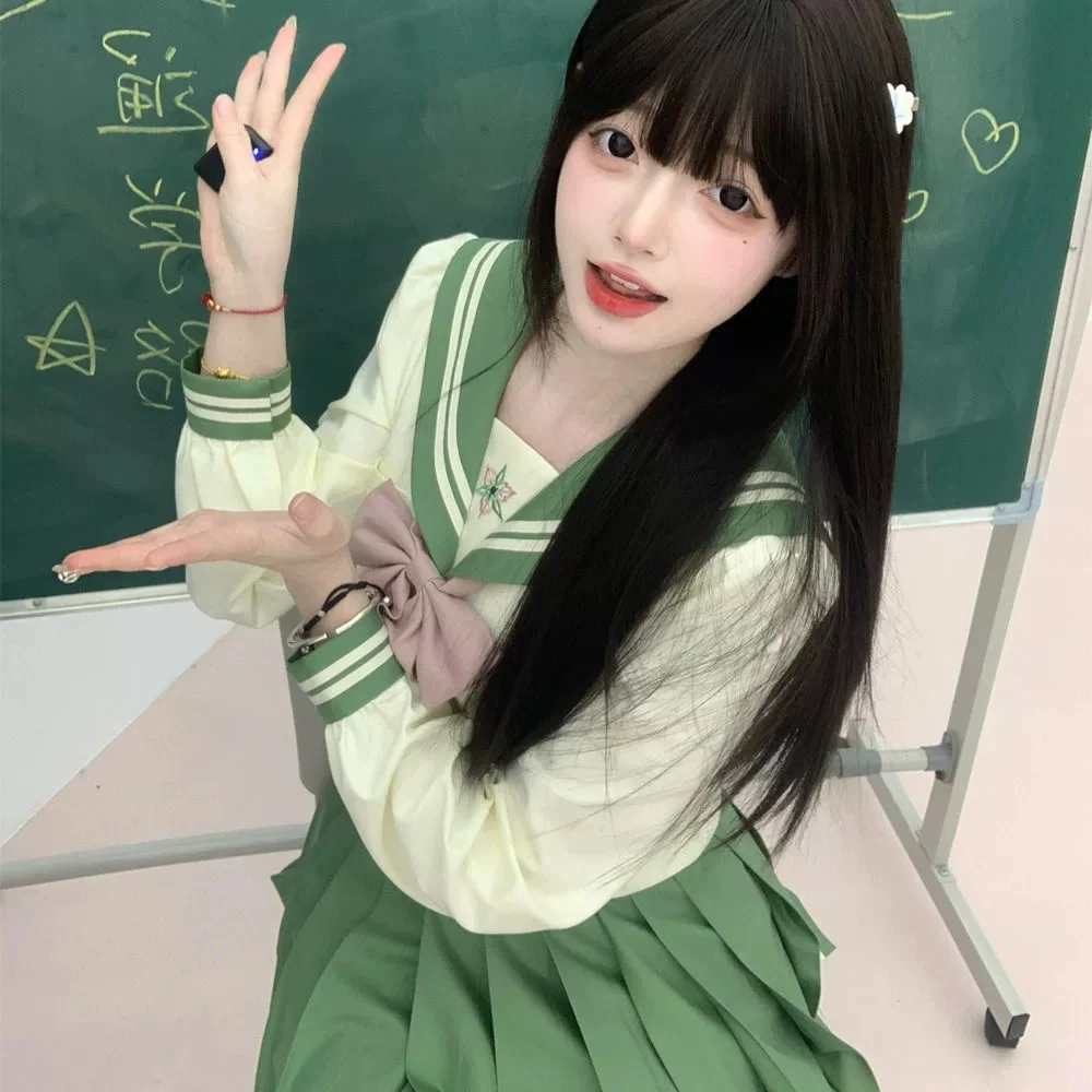 일본 학교 제복 소녀 선원 복장 봄 녹색 선원 복장 기본 한국어 Jk 유니폼 세트 여성 긴 소매 Seifuku