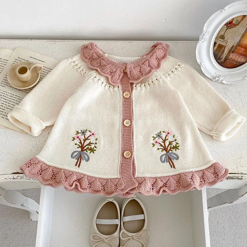 Autumn Spring Children Clothes Newborn Baby Girls Knitting Cardigan Long Sleeved Floral Embroidery Toddler Baby Girls Sweater