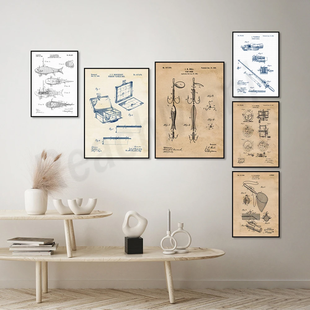 Vintage fishing patent prints, fishing art, home office man cave fisherman bait shop hiking camping explorer gift