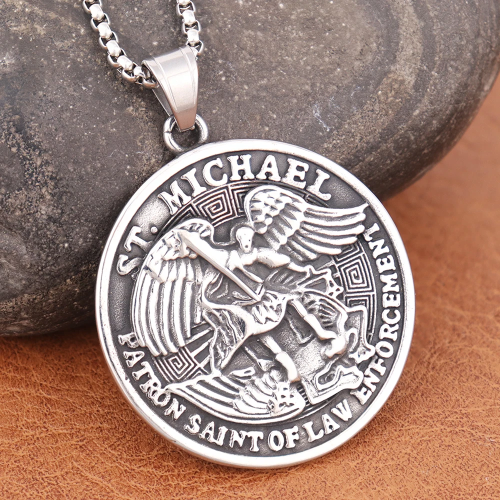 Vintage Style Arch Angel St.Michael Archangel Pendant Chain Fashion Stainless Steel Cross Wing Necklace Amulet Jewelry Wholesale