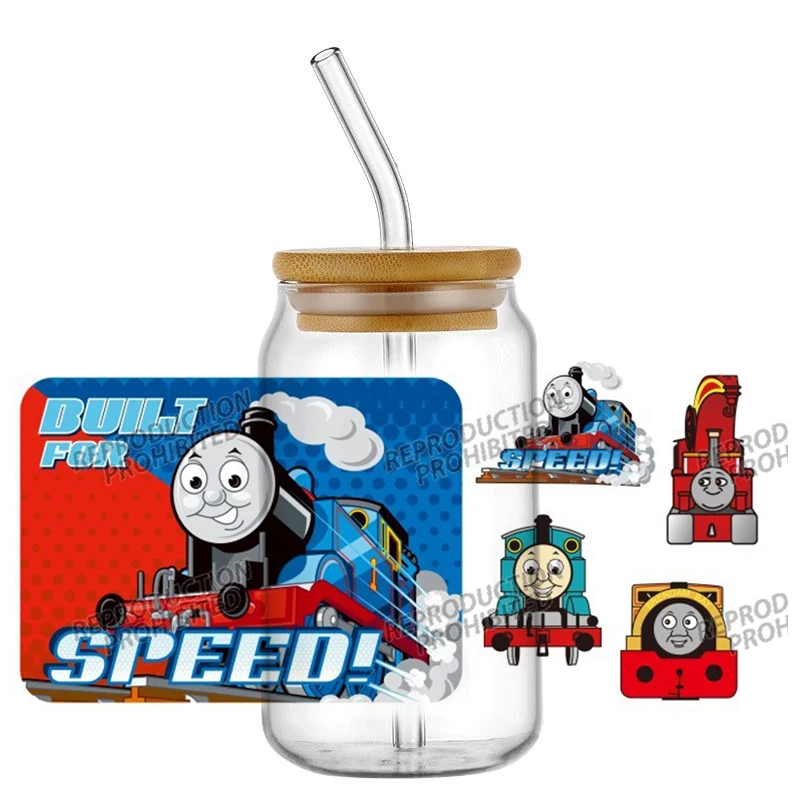 الكرتون قطار توماس UV DTF نقل ملصق ل 16 أوقية كوب يلتف الزجاج ليبي يمكن زجاجة ذاتية اللصق قابل للغسل لتقوم بها بنفسك الشارات المخصصة