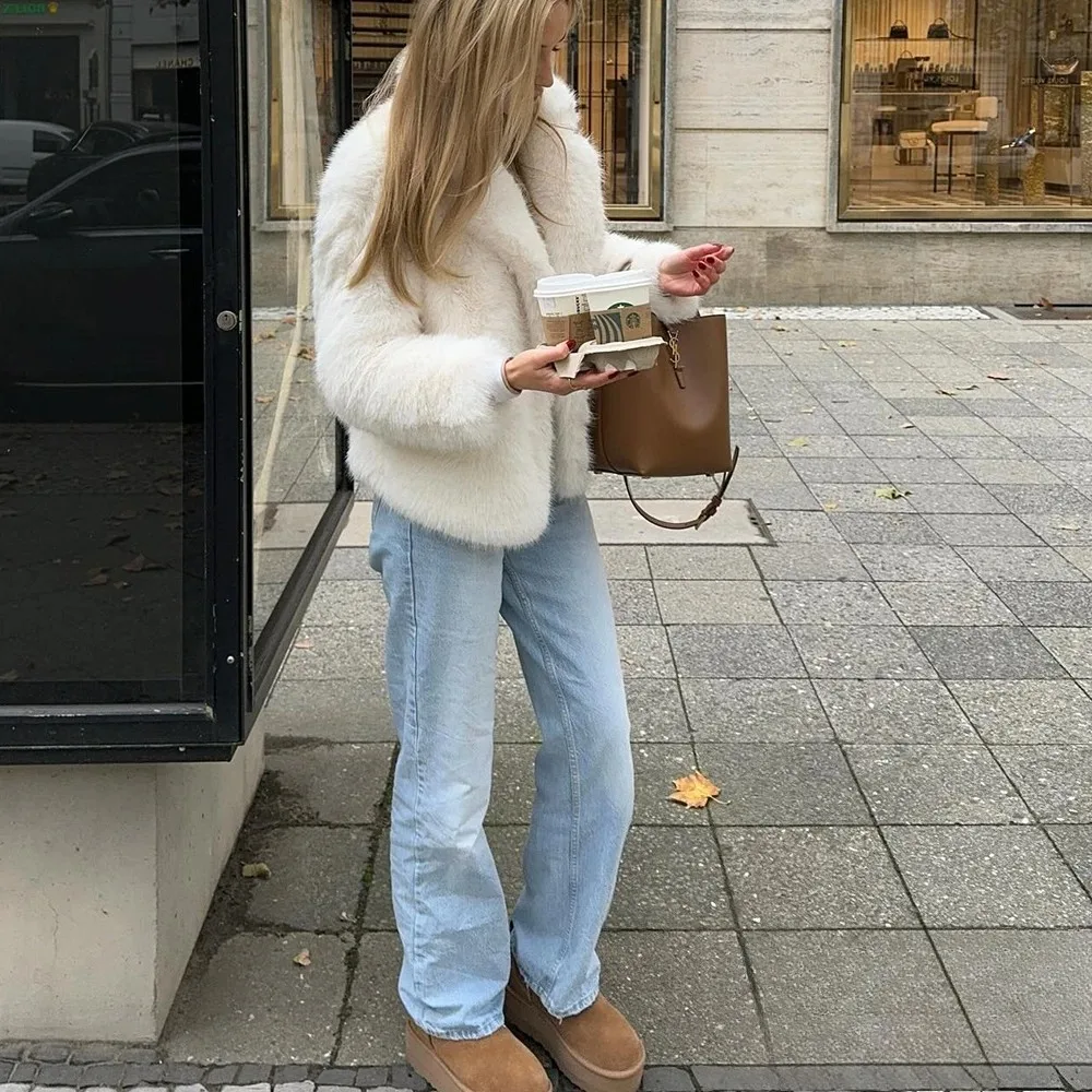 KONDALA Vintage Faux Fur Women Jacket Solid Turn-down Collar Long Sleeve Warm Coat Chic White Fashion 2025 Winter Autumn Outwear