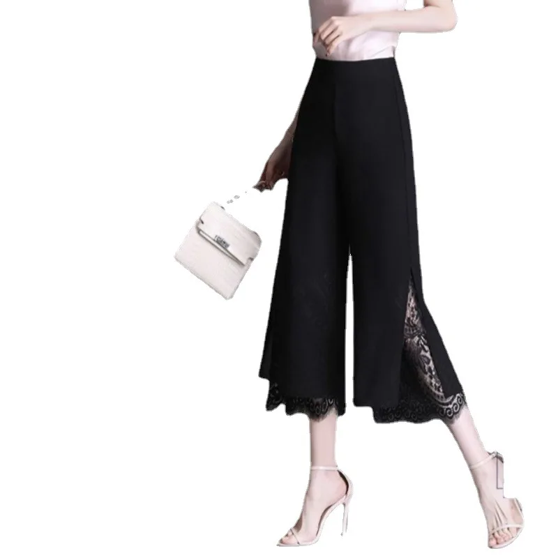 Women Split Lace Patchwork Elegant Straight Wide Leg Cropped Trousers Female Summer Black Loose High Waist Thin Pants Pantalones