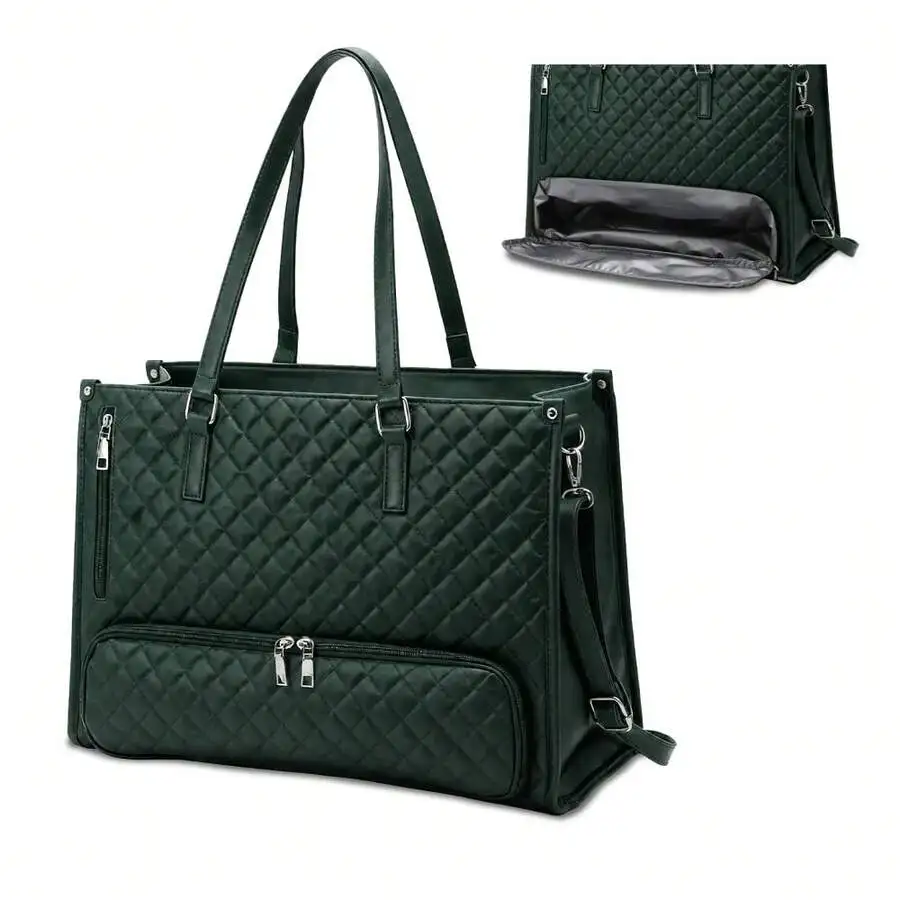 Women's Insulated PU Leather Laptop Tote, 15.6' Work Bag With Leakproof Lunch Compartment & Detachable Wristlet, Waterproof Brie