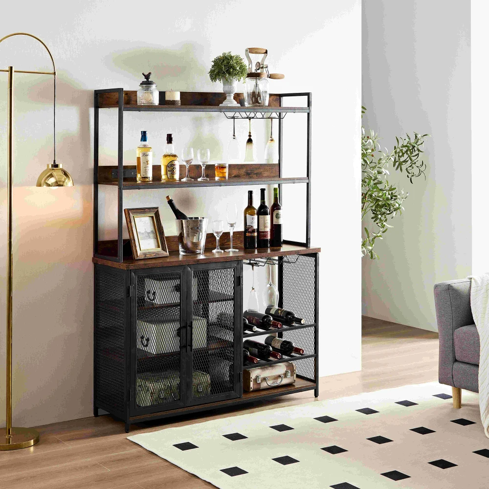 Coffee Bar Cabinet Power Outlet Industrial Buffet Cabinet LED Strip and Glass Holder 3-Tiers Liquor Cabinet Bar for Home