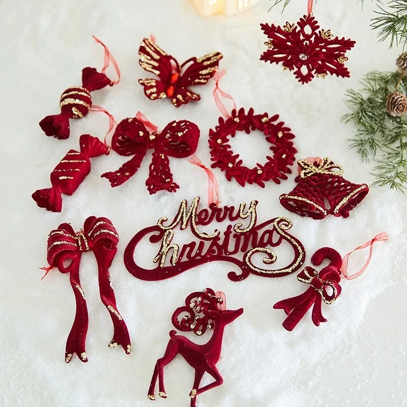 

Christmas Red Hanging Pendants 2026 - Flocking/Velvet Bow Bell Elk Snowfall Ornaments for Tree Wreath Home Party Decor (Navidad)