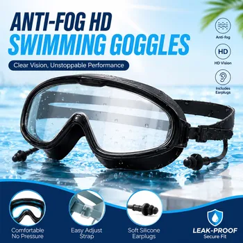 Adult Wide Vision Swim Goggles Built-in Earplugs, Soft Silicone Leak Proof Anti Fog Clear Glass for Surfing Water Sports
