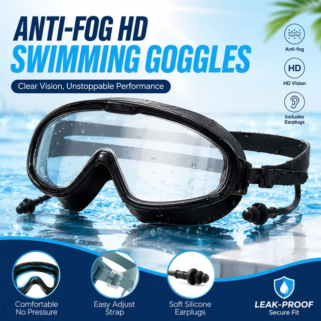Adult Wide Vision Swim Goggles Built-in Earplugs, Soft Silicone Leak Proof Anti Fog Clear Glass for Surfing Water Sports Adult Wide Vision Swim Goggles Built-in Earplugs, Soft Silicone Leak Proof Anti Fog Clear Glass for Surfing Water Sports