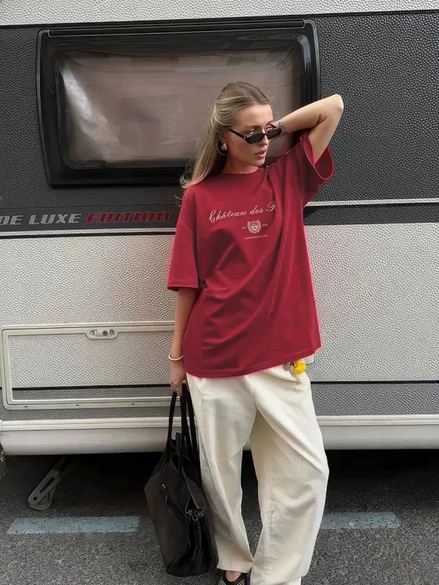 패셔너블한 루즈핏 프린트 티셔츠 반팔 캐주얼 탑 여성용 면 라운드넥 티셔츠 편안하고 통기성 좋은 여름옷