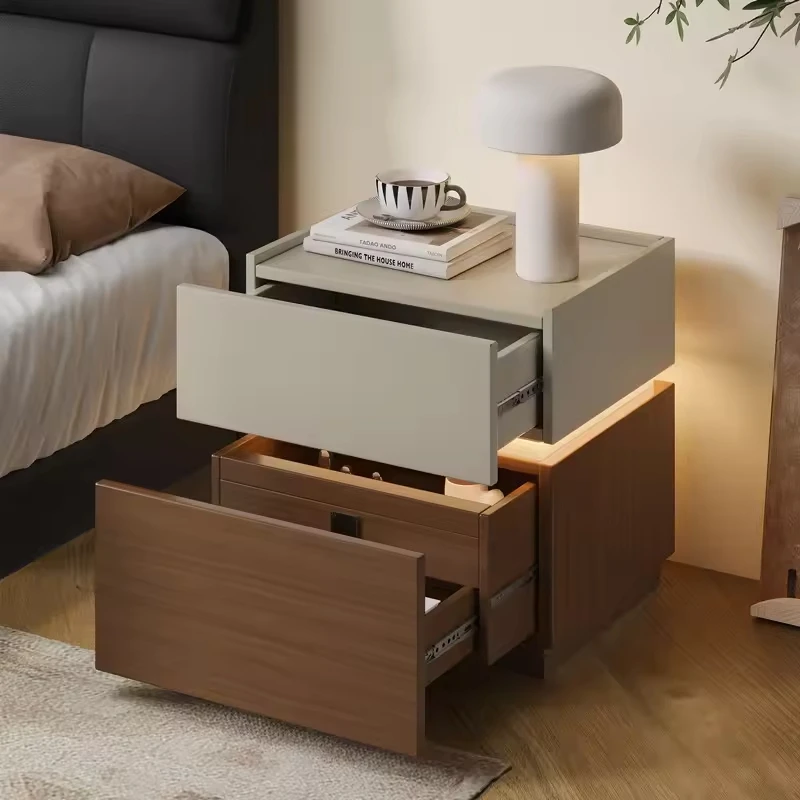 d*-Wooden Minimalist Designer Modern Bedroom Bedside Table Sensor Light Concealed Drawer Bedside Cabinet Nightstand for Sale