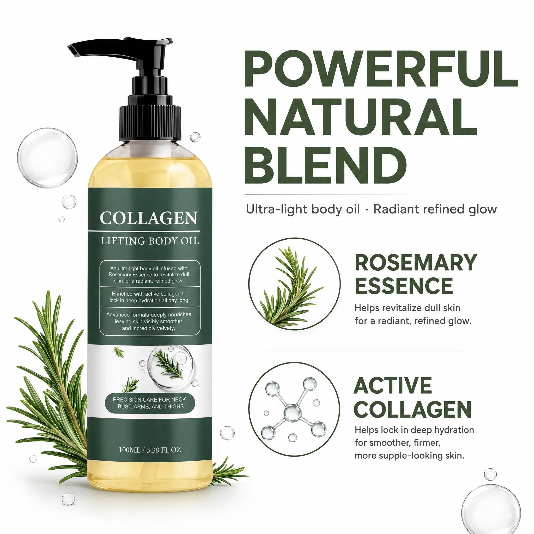 Collagen Lifting Body Oil Firming Moisturizer Fast Absorb Non Greasy Rosemary Infused Skin Tightening Care for Neck Bust Arms