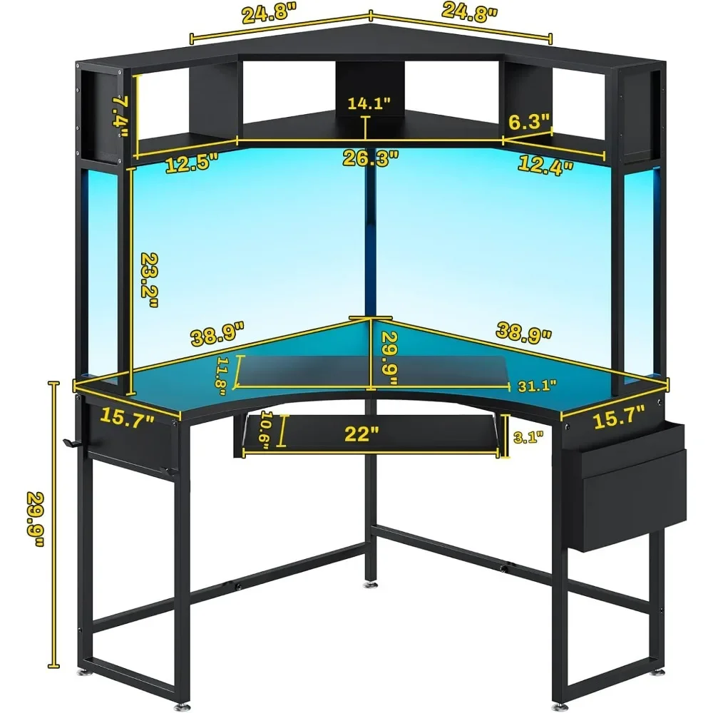 Corner Desk, Small Computer Desk with Hutch & LED Lights, Triangle Corner Computer Desk with Keyboard Tray, Storage Bag