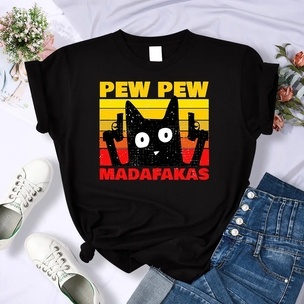 Fashion Pew Pew Madafakas T-Shirts Womens Fashion Tee Clothes Summer Tops Crewneck Women Graphic Clothes Female Casual Tee