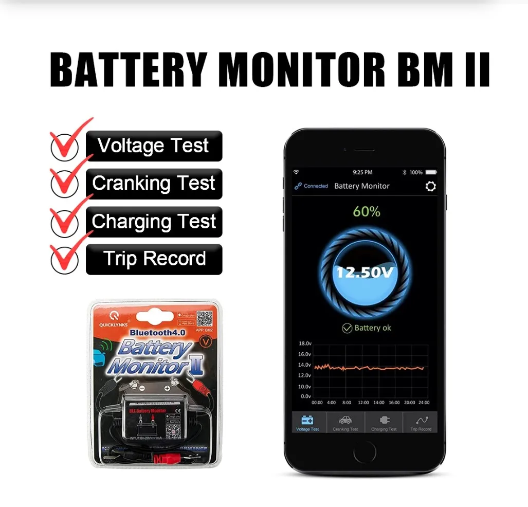 QUICKLYNKS BM2 Bluetooth 4.0 12V Car Battery Monitor Device Car Battery Tester Battery Diagnostic Tool For Android IOS Phone Hot