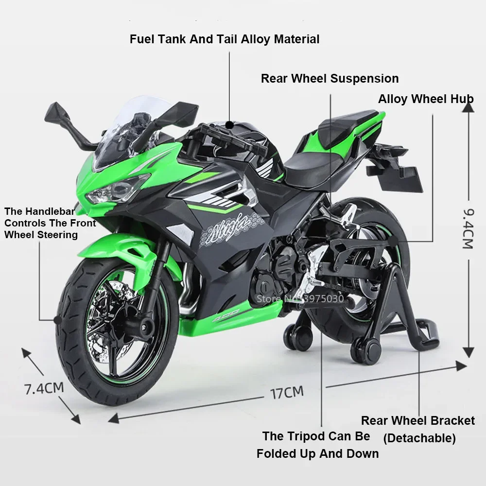 1/12 Gelegeerd Model Speelgoed Kawasaki Ninja 400 Metalen Diecast Motorfiets Met Geluidslicht Achterwielophanging Decoratief Speelgoed Cadeaus Voor Jongens