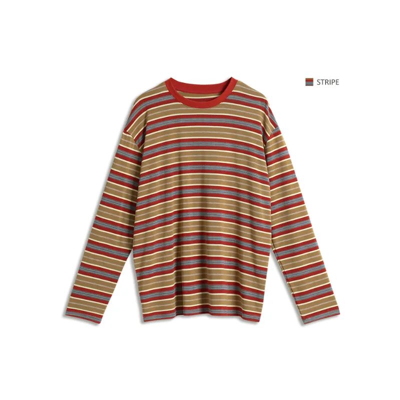 

Женская винтажная полосатая футболка с длинным рукавом, осенние свободные корейские повседневные топы с круглым вырезом