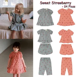 2024 Summer Floss Girls Strawberry Embroidery Dress Kids T-shirts Shorts Cotton Cute Short-sleeved Blouse Pants Children Clothes