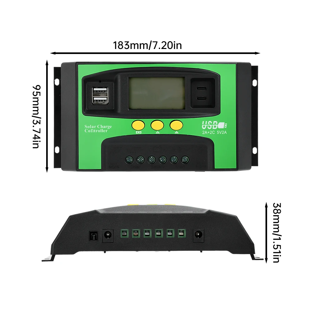 Type-C MPPT Solar Charge Controller 30A 40A 100A LCD Display 12V 24V Dual USB Solar Cell Panel Charger Regulator Power Supply