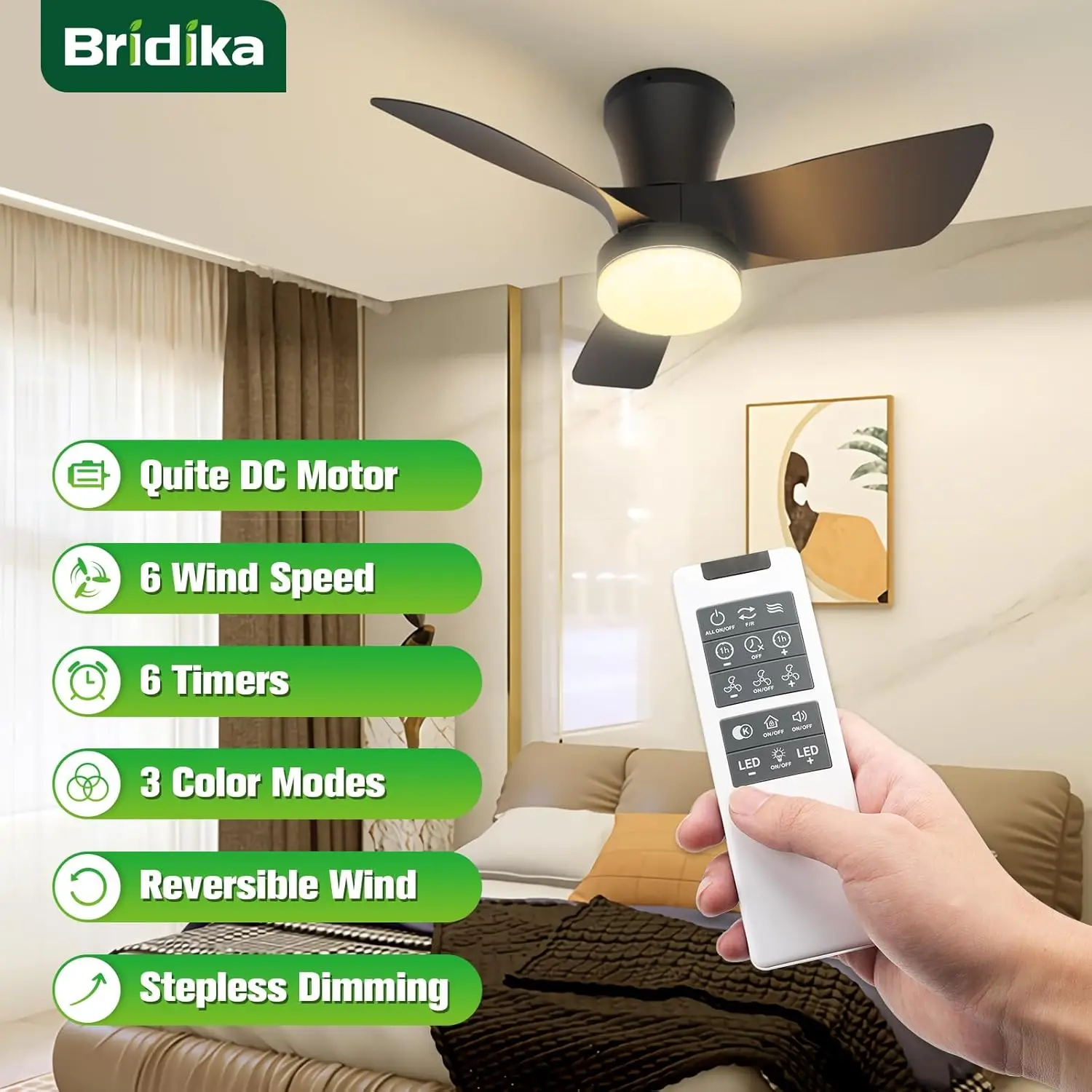 Bridika Decken ventilatoren mit Lichtern und Fernbedienung, 30 Zoll leiser Decken ventilator mit niedrigem Profil und Licht mit 3 Farben dimmbare LED, 6-Gang