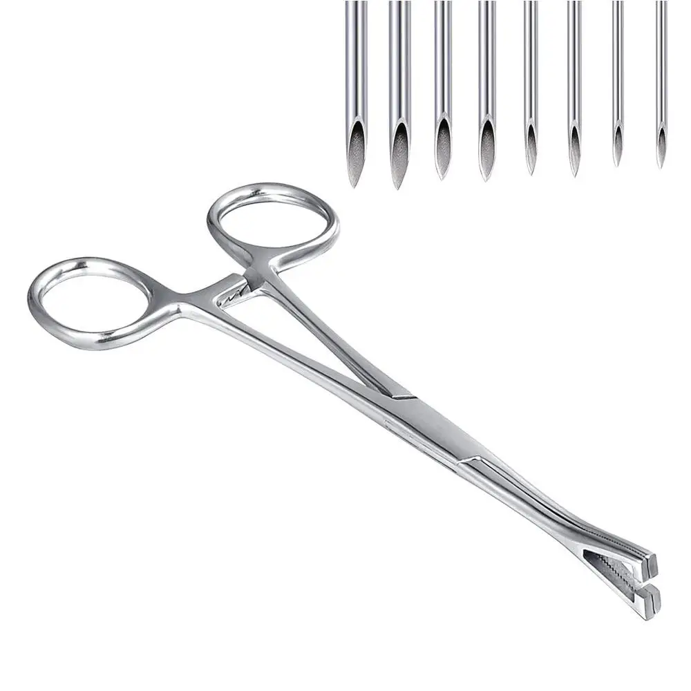 9Pcs Set Triangle Slotted Forceps Piercing Clamps with 14G 16G 18G 20G Needles for Ear Lip Navel Tongue Septum Piercing Jewelry