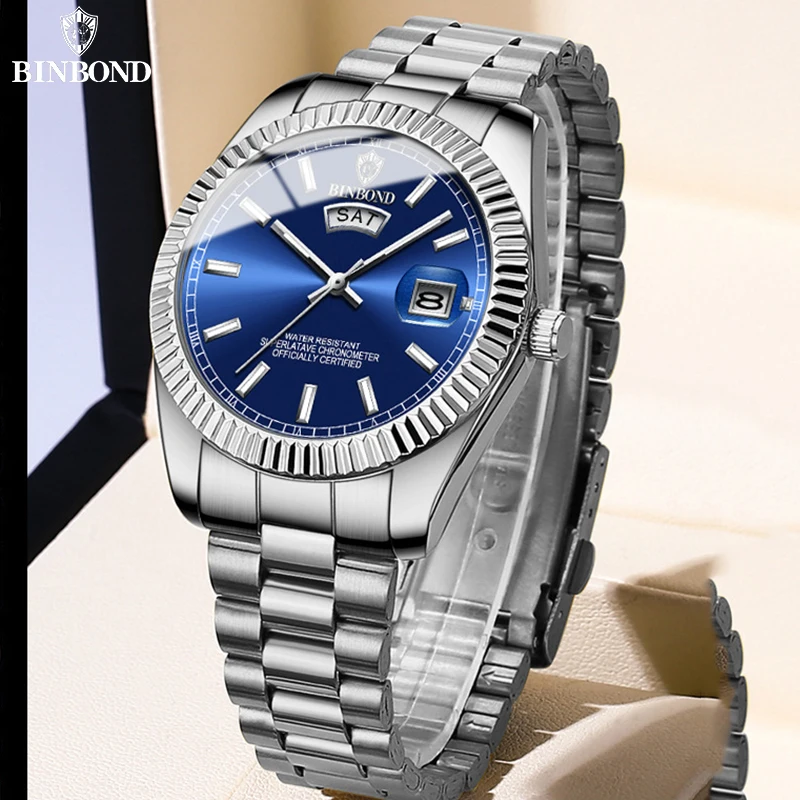 BINBOND B7012 Mens Fashion Business Sports Quartz Watch 30M Waterproof Luminous Classic Calendar Creative Clock Mens Wristwatch