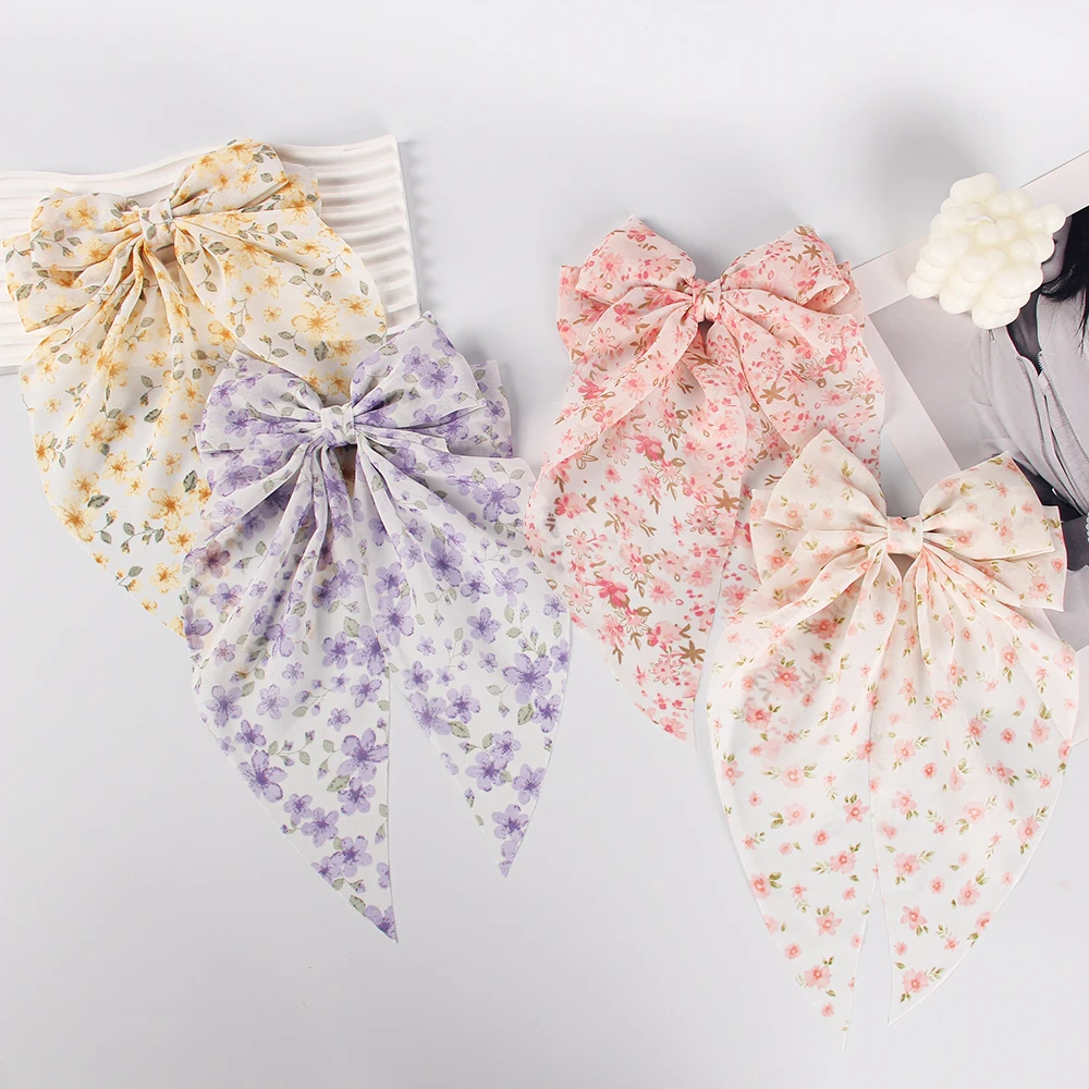 

4Pcs Hot Selling Online Floral Chiffon Bow Hair Clip Elegant Girls' Headwear Children's Hair Accessories