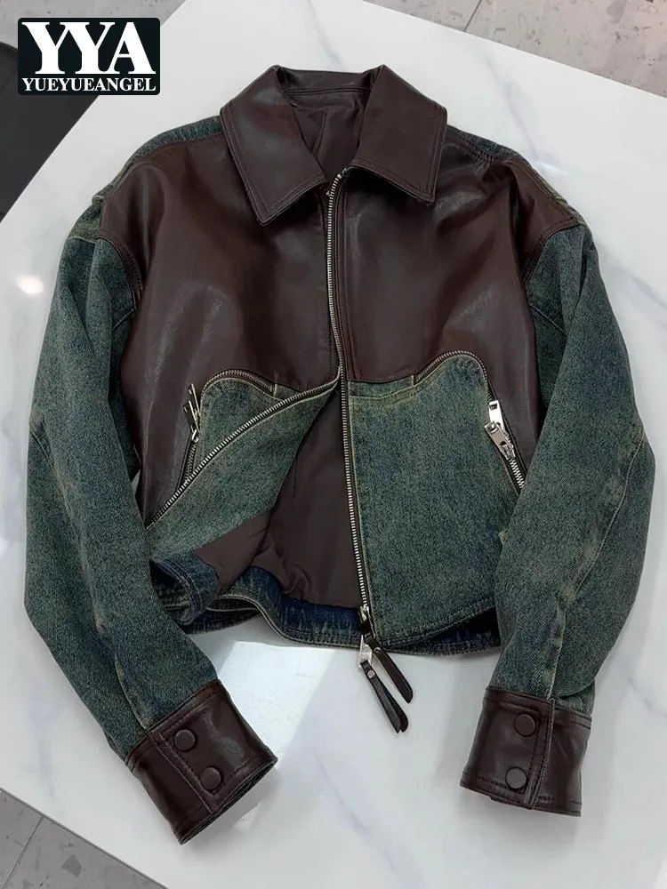 

New Style Autumn Denim Patchwork Womens Jackets Turndown Collar Zippers Loose Fit Outerwear Casual Daily Work Ladies Chic Coats