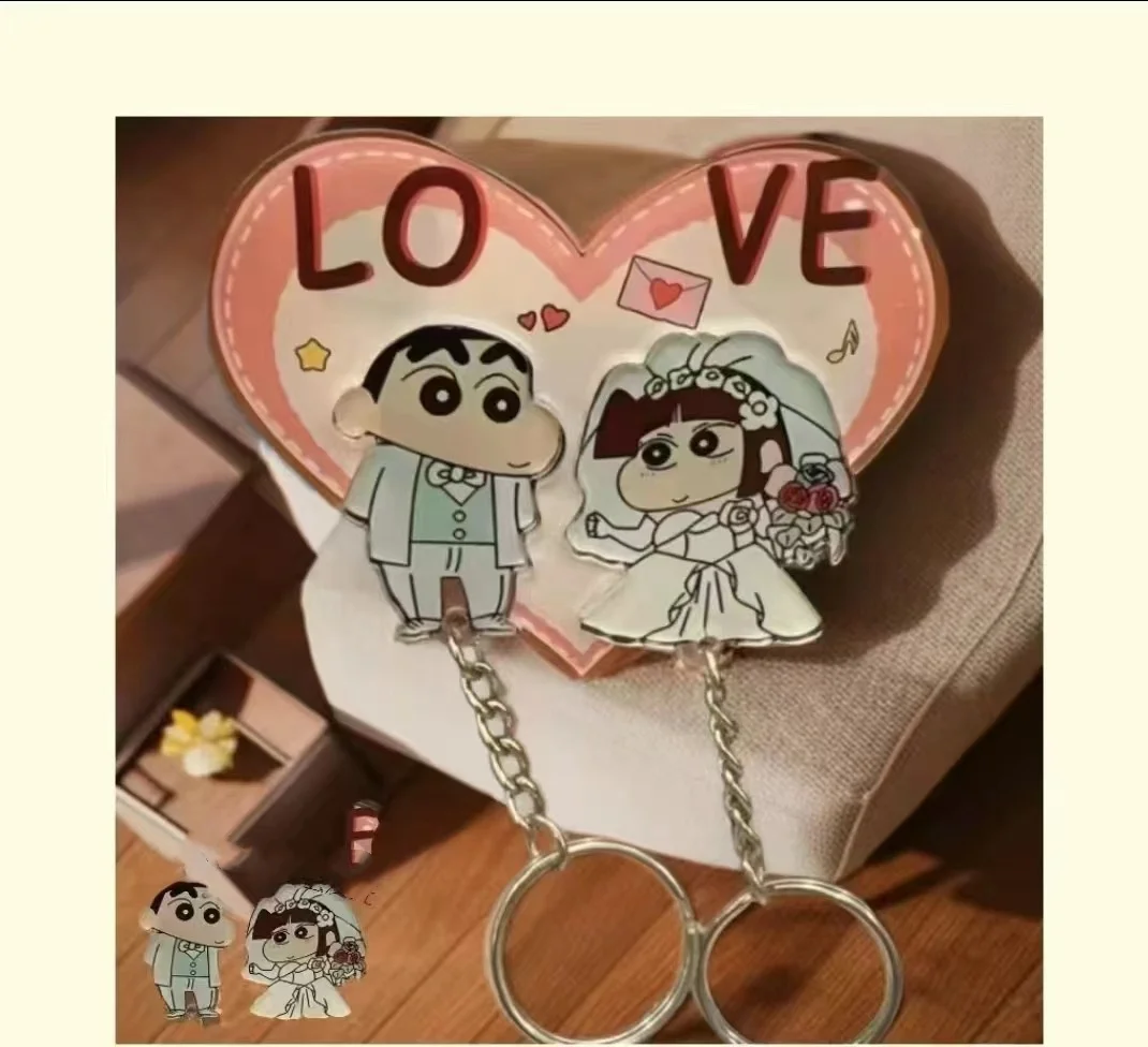 Crayon Shin-chan Anime Couple Keychain Holder Cartoon Acrylic Refrigerator Magnet Anti-lost Hanger Decoration Key Pendant Gift