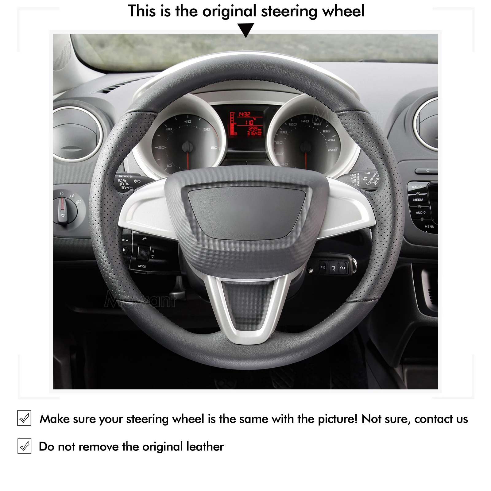 Mewant Black Genuine Leather Car Steering Wheel Cover for Seat Ibiza (6J) 2012-2015 / Mii 2013-2020