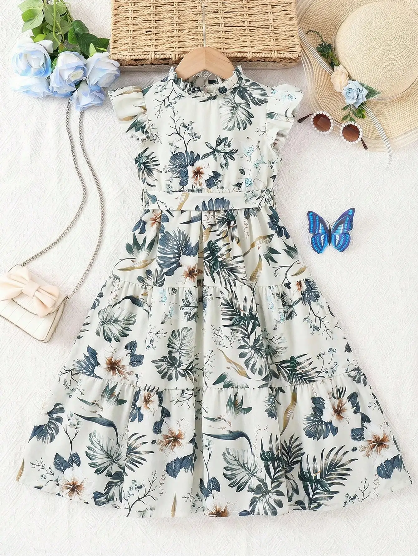 

Floral Print Ruffle Collar Tiered Chiffon Dress For Women