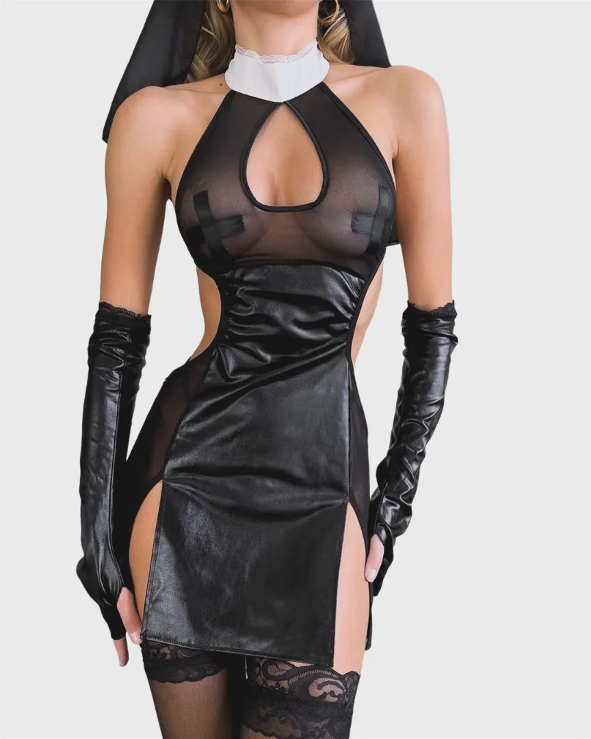 Ellolace Valentine Sexy Lingerie Sister Cosplay Costume Halter Mini Split Dress Thong 2PC Set with Headband Oversleeve Stockings