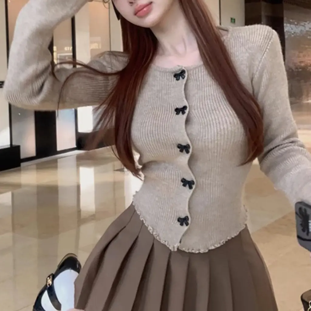 

Auricularly Women's Slim-fit Knitted Cardigan Bow Sweater Short Base-coat Trendy Top for Autumn Winter