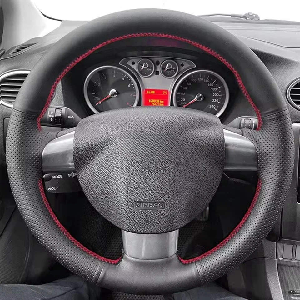 Lenkrad koffer hand genähte Auto lenkrad abdeckung aus Mikro faser leder für Ford Focus 2 2008-2015 3-Speichen-Autozubehör – Detail 1